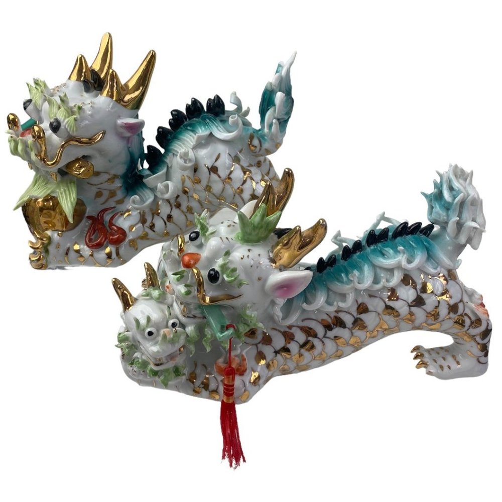 Vintage Porcelain Foo Dogs Asian Temple Guardian Lion Teal w/ Gold Tone Accents